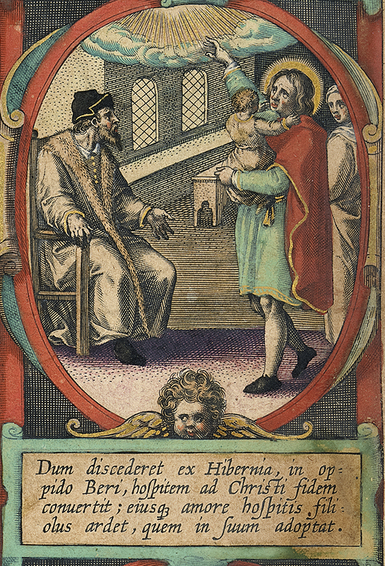 A man carrying a baby stands in front of a seated man and points to heavenly rays of light