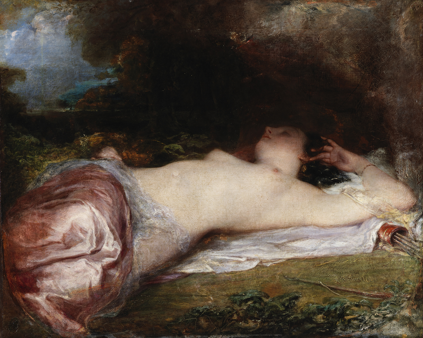 An oil painting of a female figure reclining on grass. Her arm is stretched behind her head, and she is half-covered by silken fabric. Under her, a sheaf of arrows.