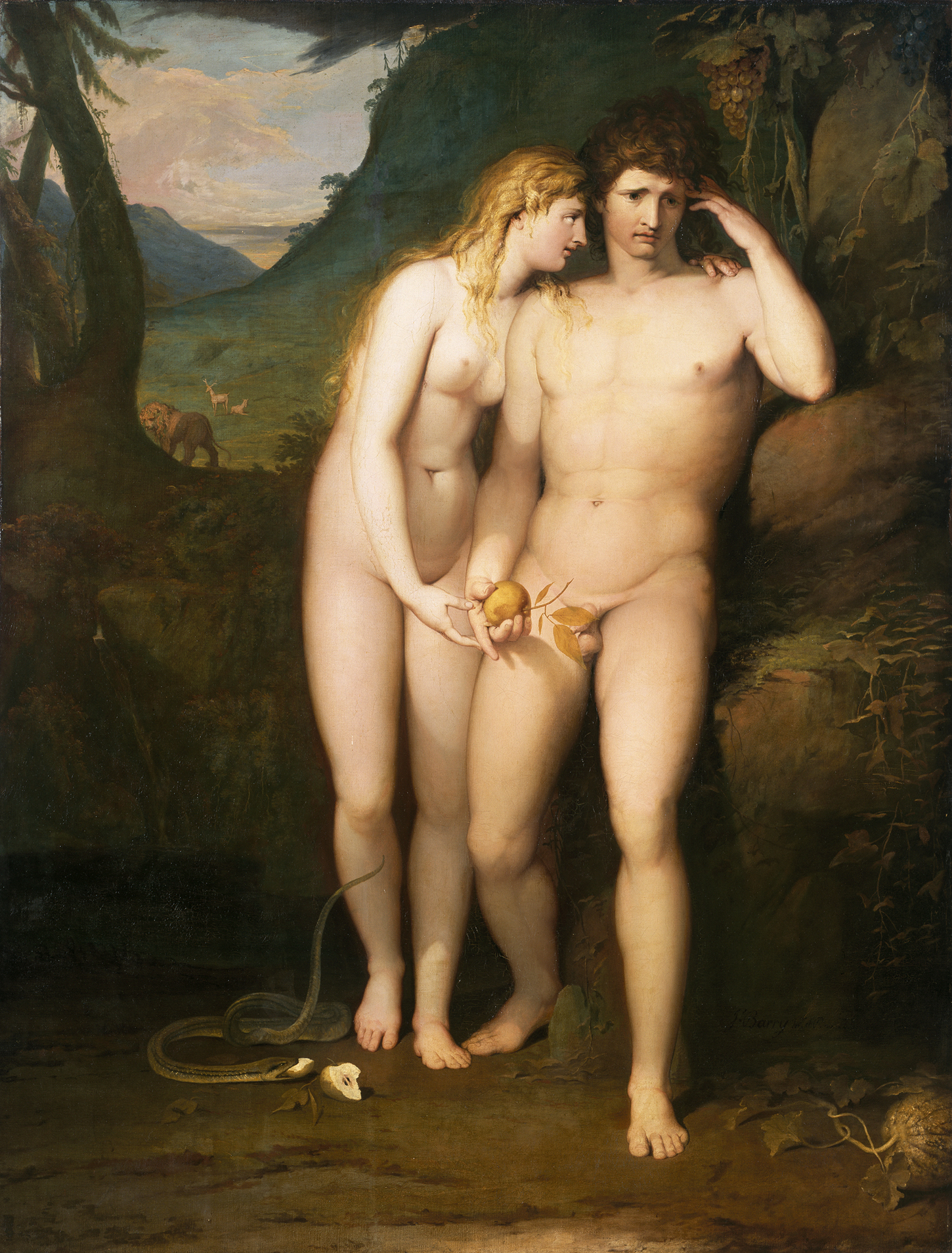 Adam and Eve stand together. On the ground, a snake, and a discarded half-eaten apple.