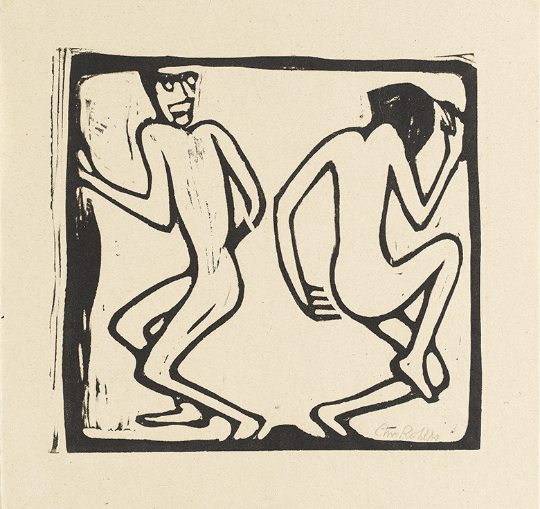 Stylised black and white print of two figures dancing