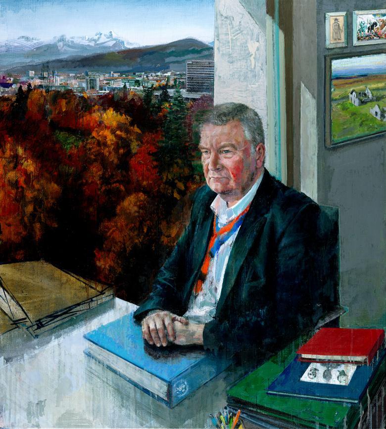 Painting of a man sitting behind a desk surrounded by books, in front of a window overlooking an autumnal scene.