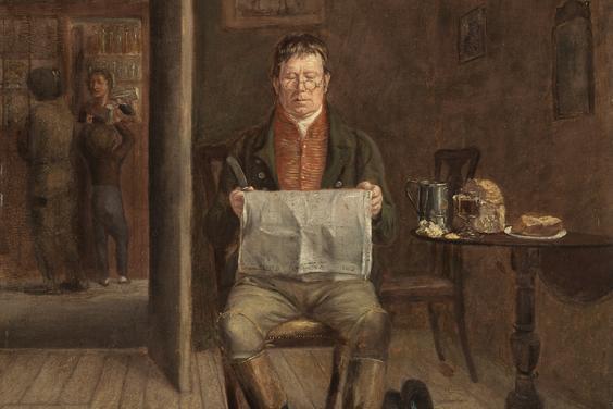 A painting of a man sitting on a chair reading a newspaper with a dog lying attentively at his feet