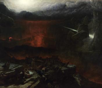 Dramatic oil painting of an apocalyptic landscape with lightening striking and lava flowing