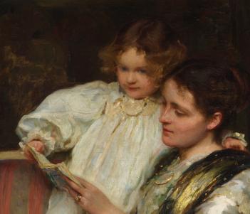A detail from an oil painting of a woman and a young child reading together.