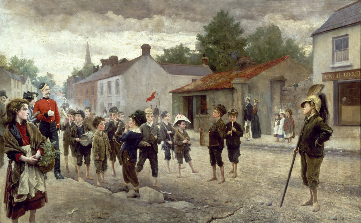 Oil painting of a group of children pretending to be a marching band parading down a street