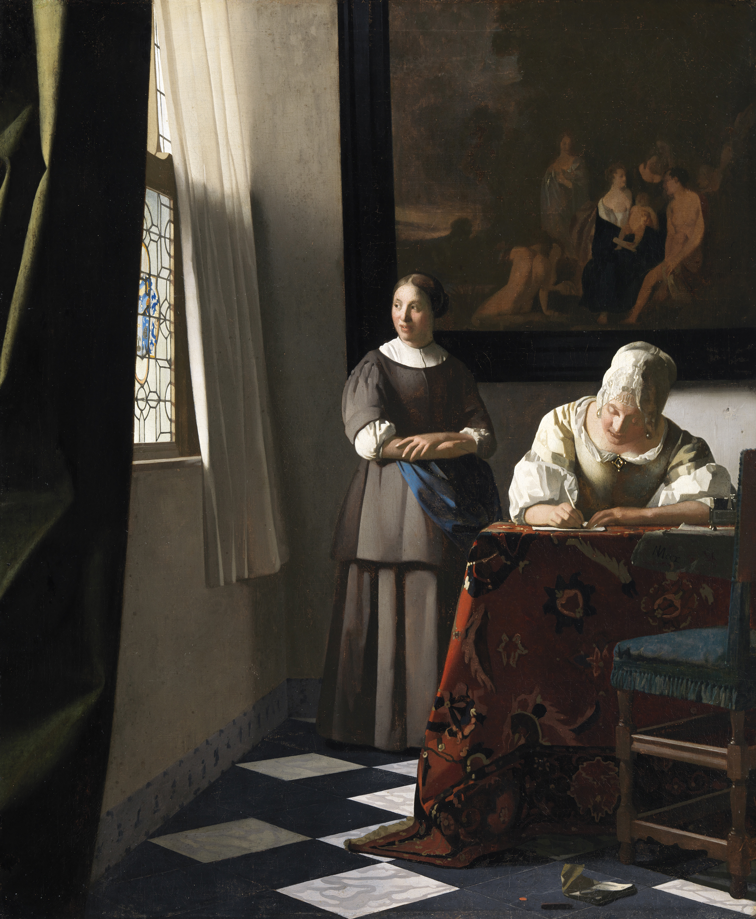 Oil painting of a woman writing a letter at a table with a maid standing beside her