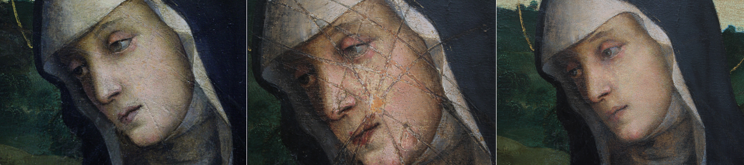 Detail from Perugino's 'The lamentation over the dead Christ' showing the figure of the Virigin (from l-r) before, during, and after conservation treatment. 