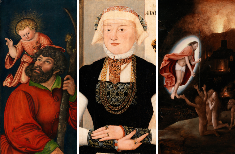Details from (l-r): Studio of Lucas Cranach the Elder (attributed to Lucas Cranach the Elder at the time of acquisition), 'Saint Christopher'; Anonymous German sixteenth-century artist, Upper Saxony School (attributed to an Early Westphalian Master at the time of acquisition), 'Portrait of a Woman Aged Twenty-Two'; Follower of Hieronymus Bosch (previously attributed to Joachim Patinir, Henri met de Bles, Jan Mandyn and Gillis Mostaert), 'The Descent into Limbo'.