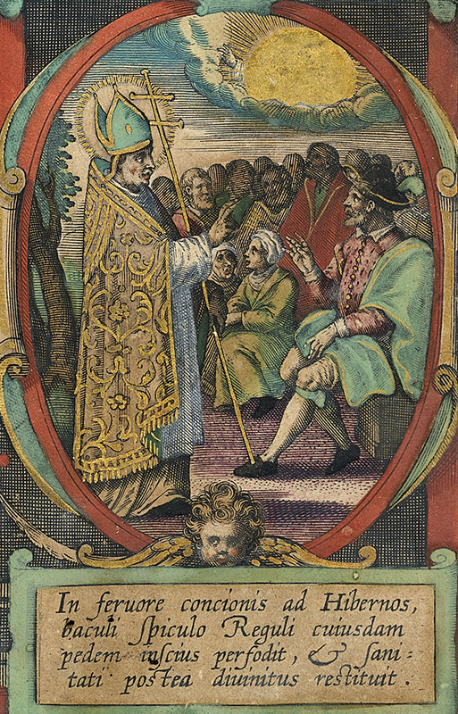 Saint Patrick accidentally piercing a man's foot with is staff