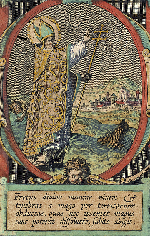 Colourful print of Saint Patrick standing in pouring rain and snow with his arms raised