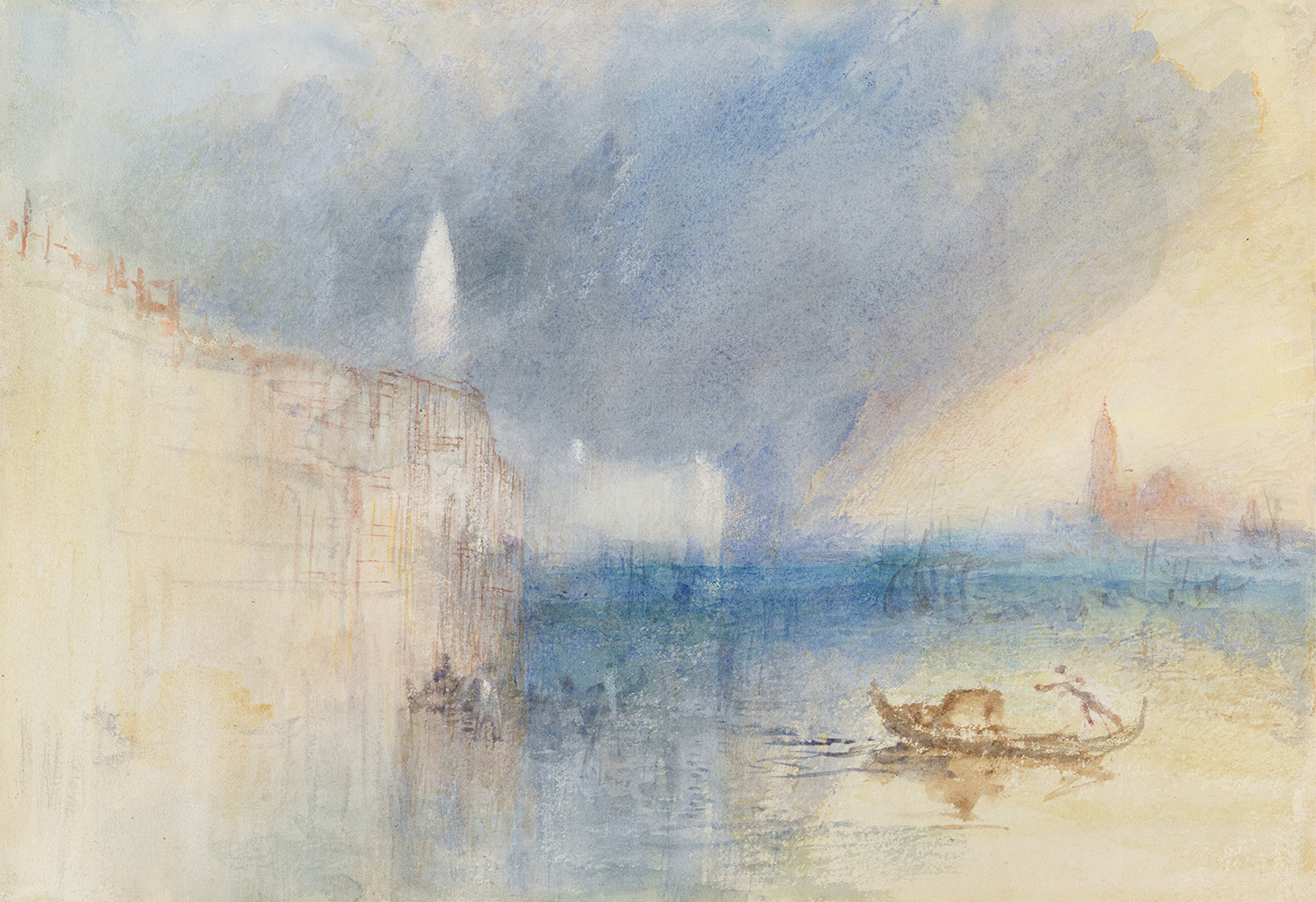 A watercolour by J.M.W. Turner showing purple storm clouds at the mouth of the Grand Canal in Venice and a gondola in the foreground.