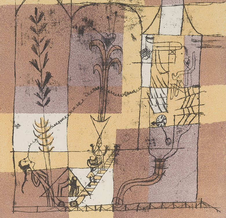 Print composed of thin black line drawing of stylised and simplified figures and buildings and plants on a pale purple, yellow and beige background.