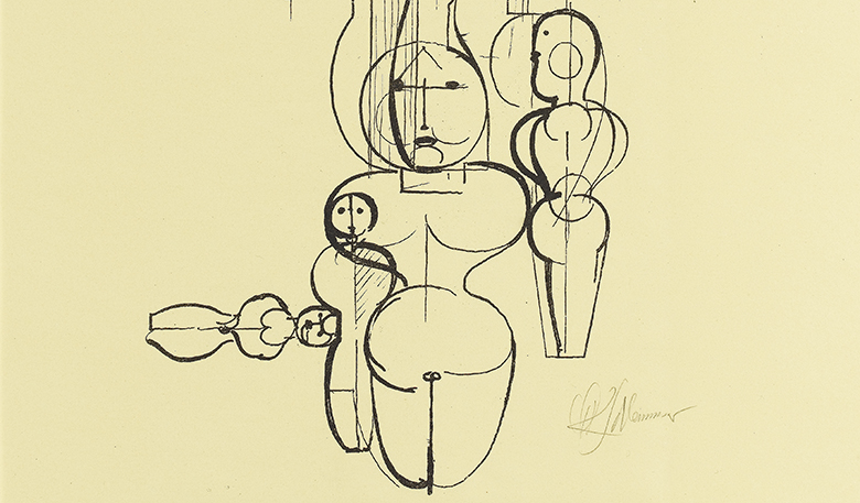 Print of overlapping geometric human figures depicted with think black outlines