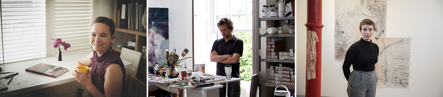 Three photographs of artists in their studios