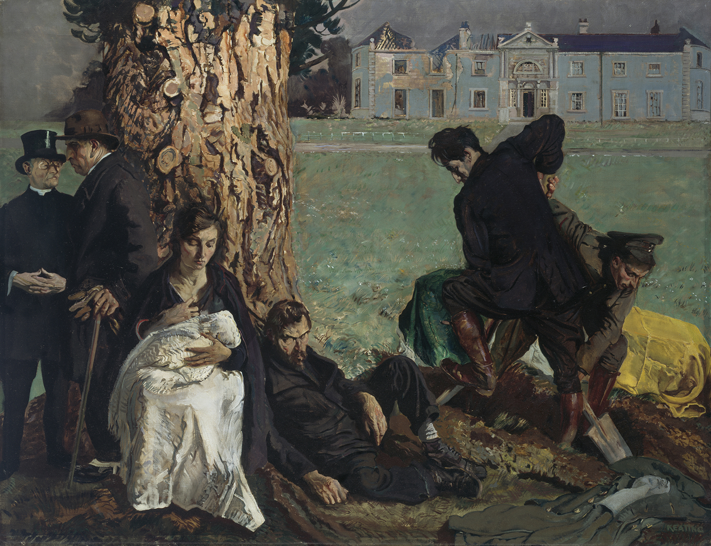 An oil painting of seven people - a woman and baby, clergyman, businessman, dishevelled man, two soldiers - gathered around a tree in front of a burnt-out country house.