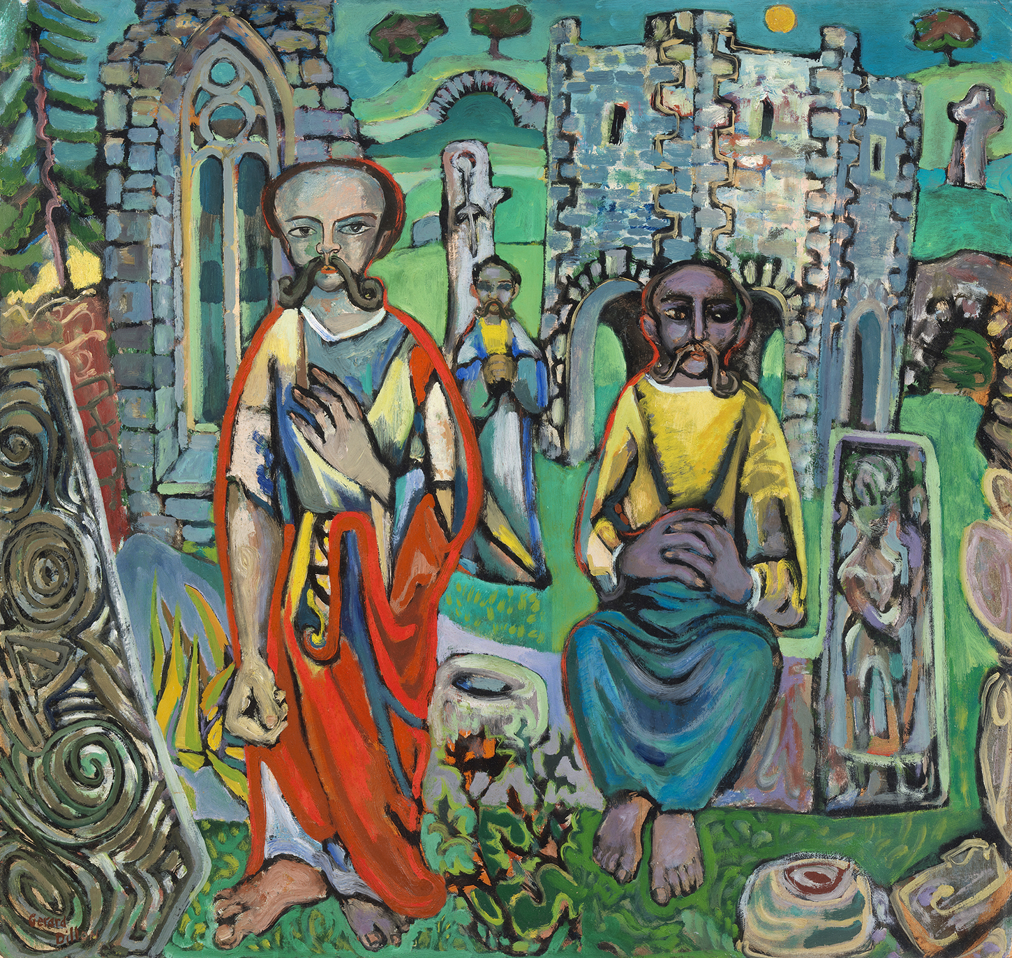 An oil painting showing three figures, two standing and one sitting. They are within the ruins of an abbey, and there is Celtic iconography on some of the stones around them.