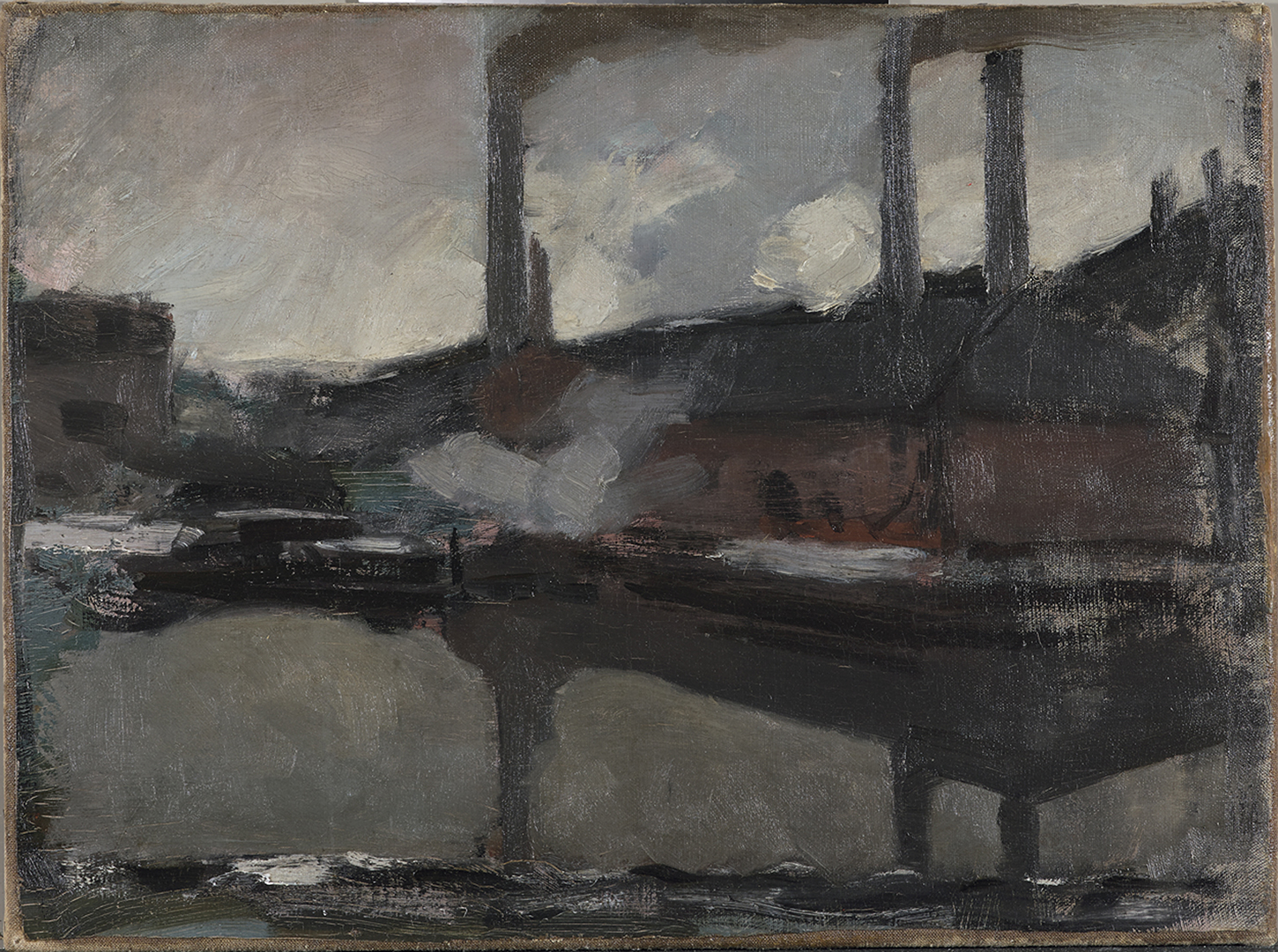 An industrial scene, with tall chimney stacks billowing out smoke, reflected in the water below