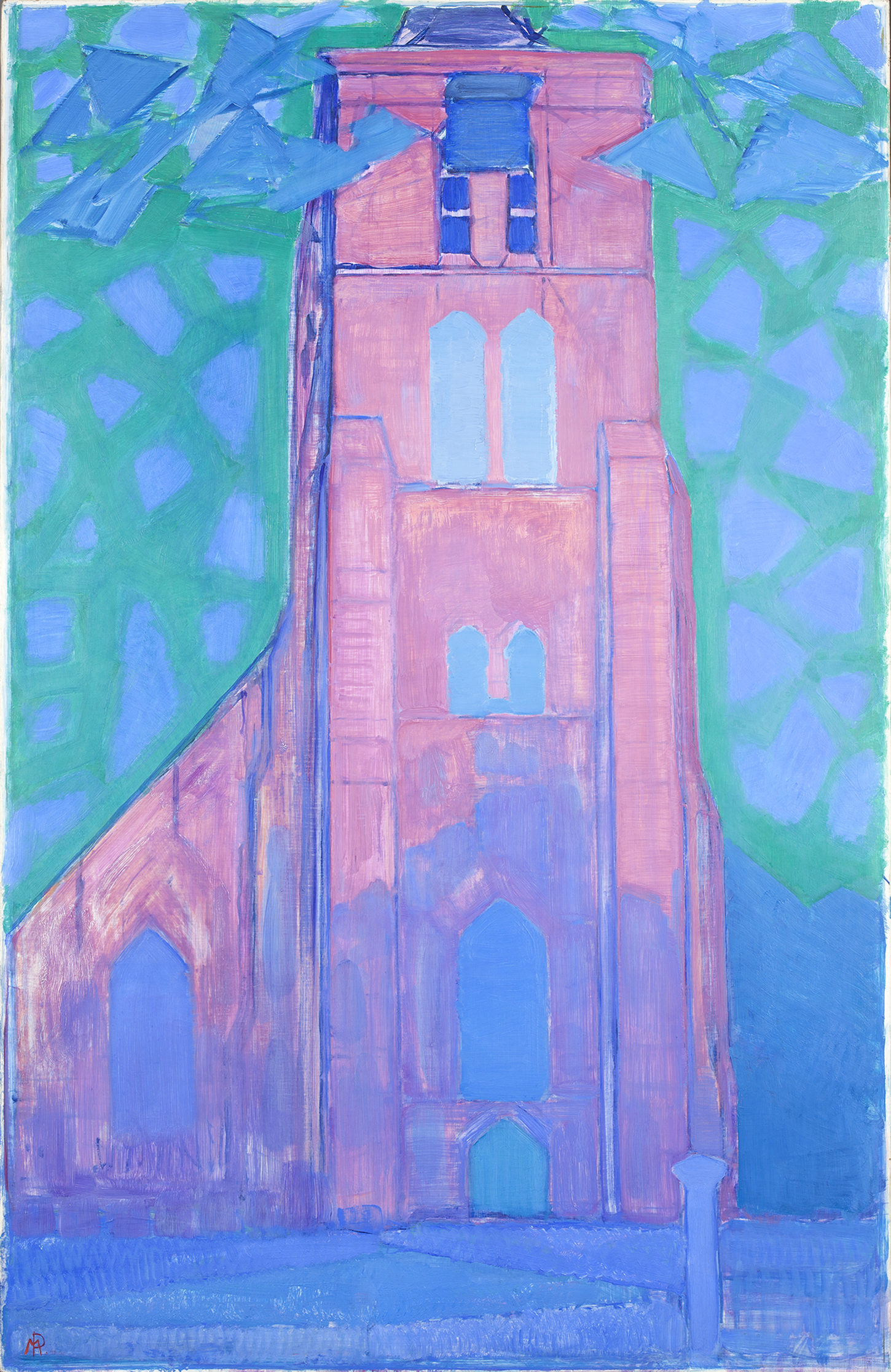 A church tower painted in vivid bright pink, with blue and green background