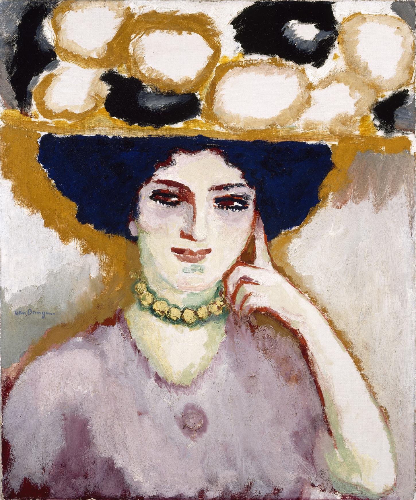 A woman wears a hat with black and white flowers. She wears a mauve dress, with a string of pearls around her neck.
