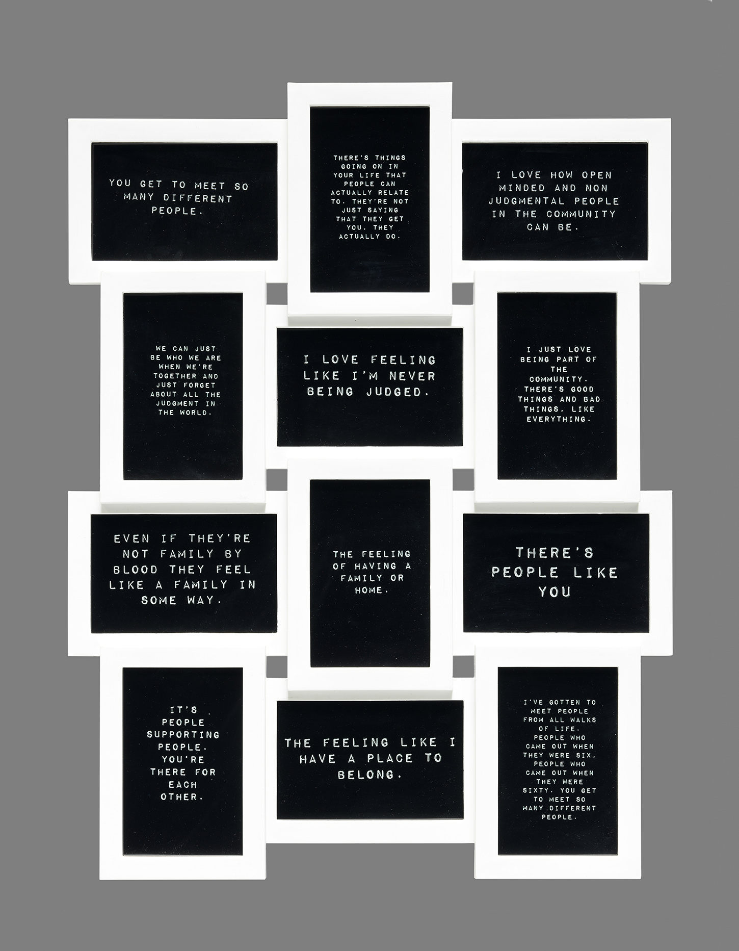 Collage of framed photographs of white text on black backgrounds
