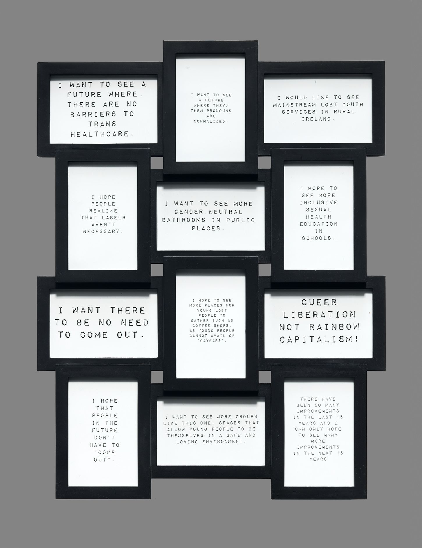 Collage of framed photographs of black text on white backgrounds