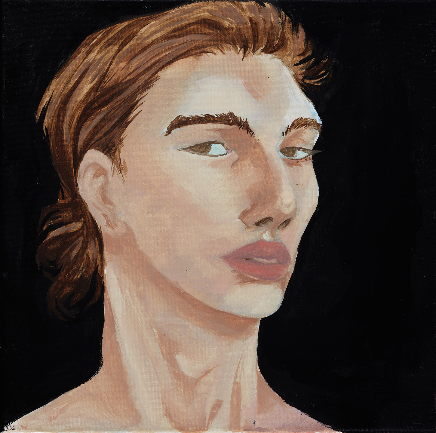 Painted portrait of a person's face and neck, looking towards the viewer from side of eyes