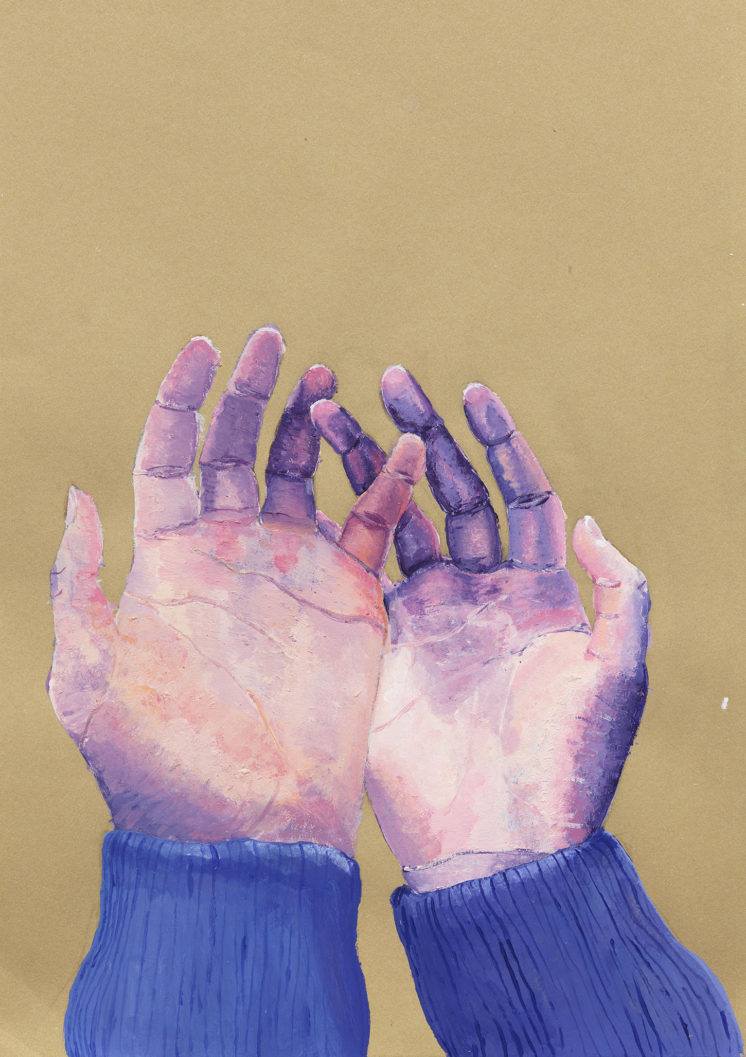 Painting in shades of pink, purple and blue of a pair of hands with palms facing upward