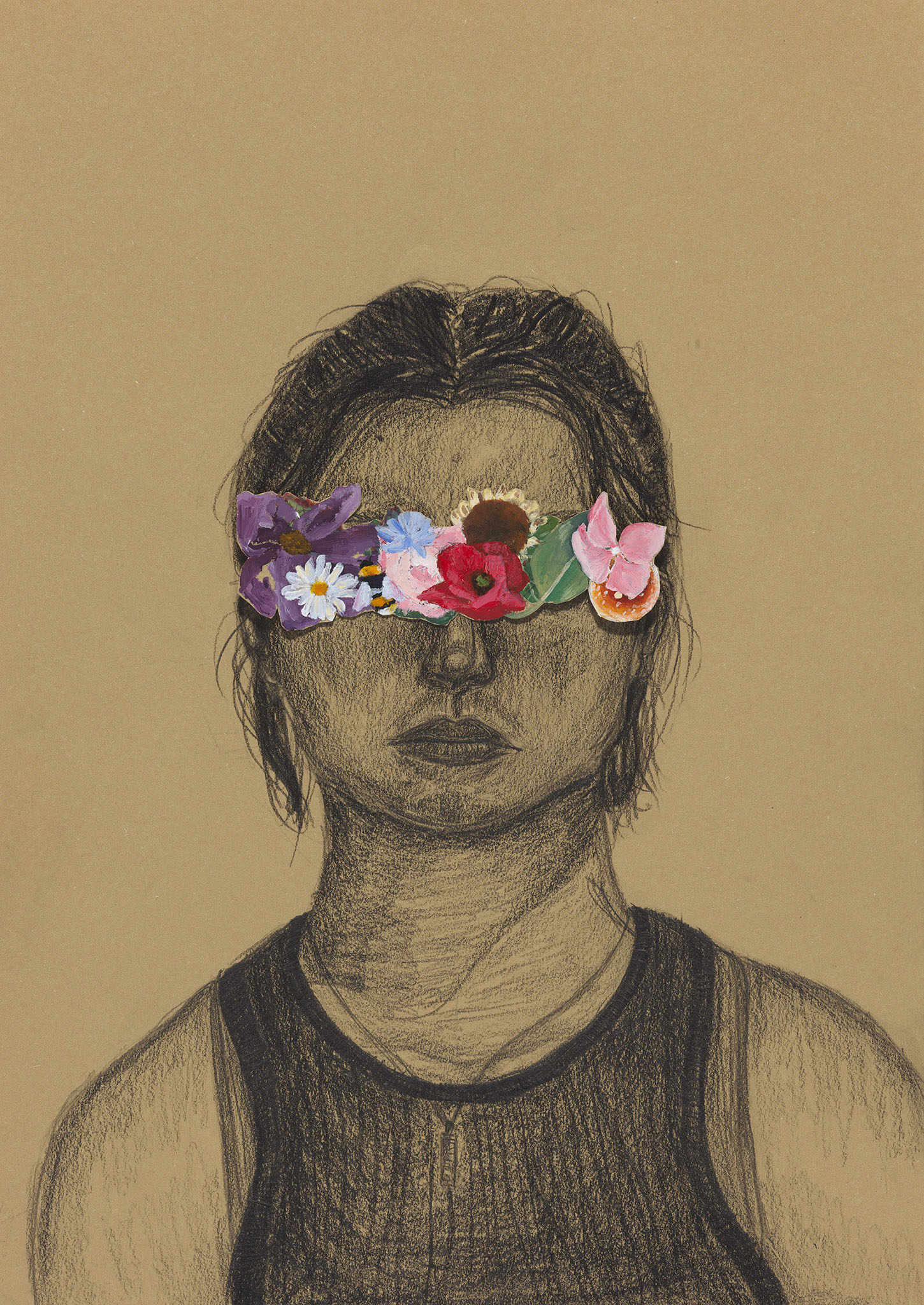 Pencil sketch of a person wearing a tank top with painted flowers covering their eyes