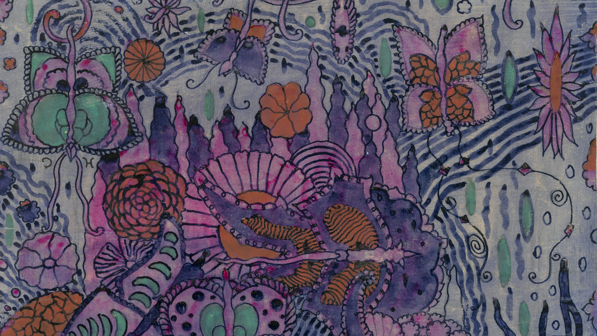 Intricate pattern with floral and butterfly designs in shades of pink, purple, orange and green