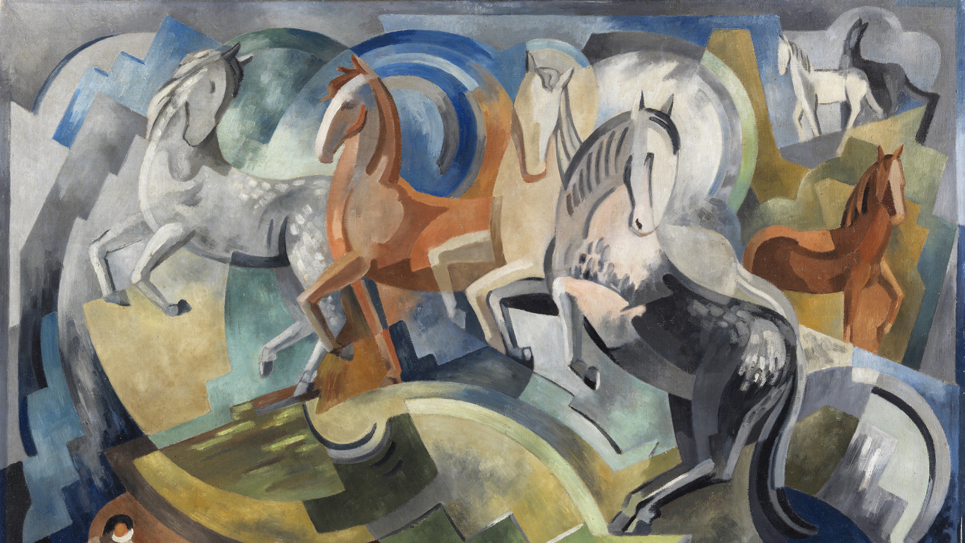 Cubist-style painting of a group of horses