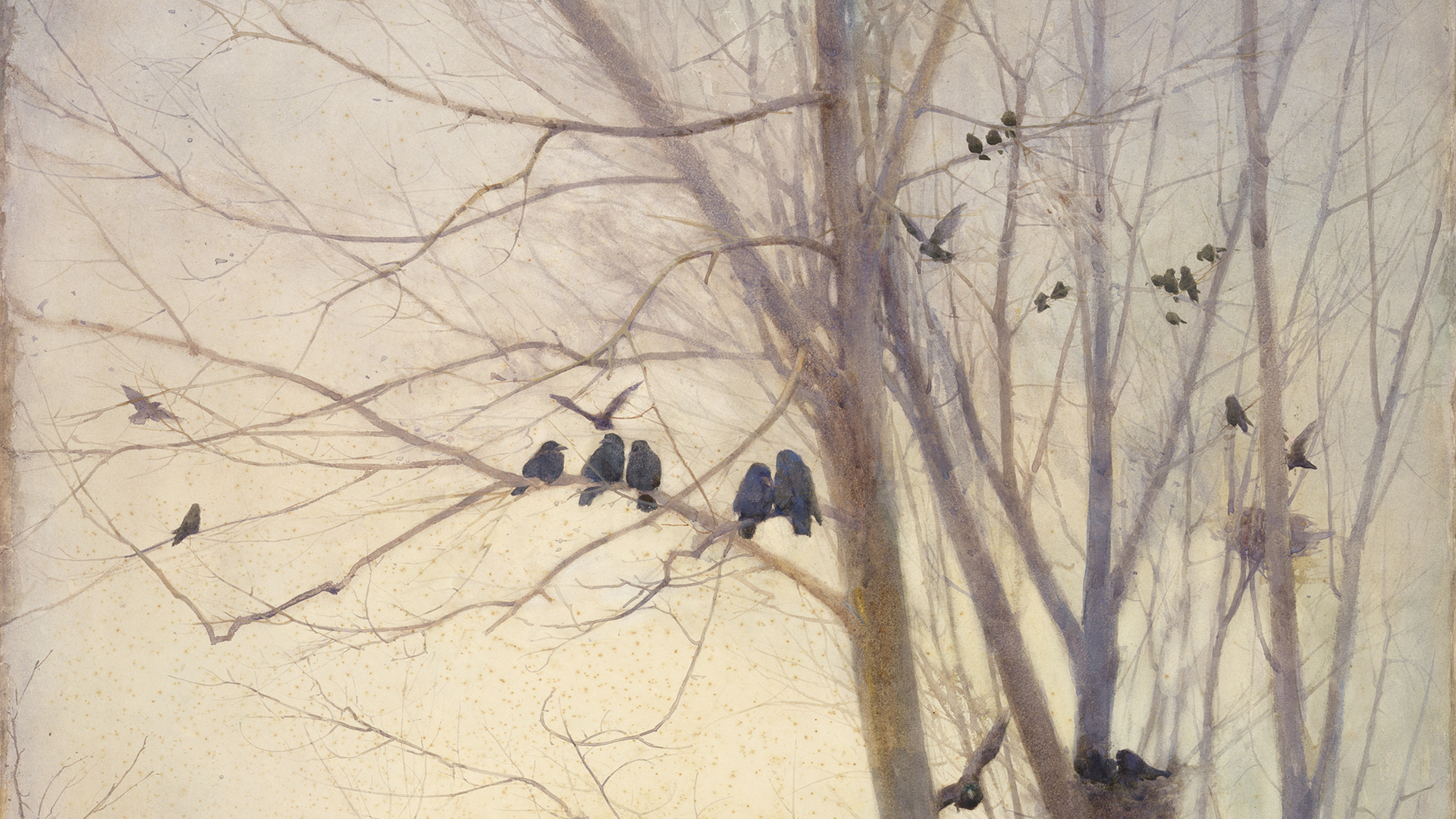 Muted painting of crows perched on bare branches of a tree in winter