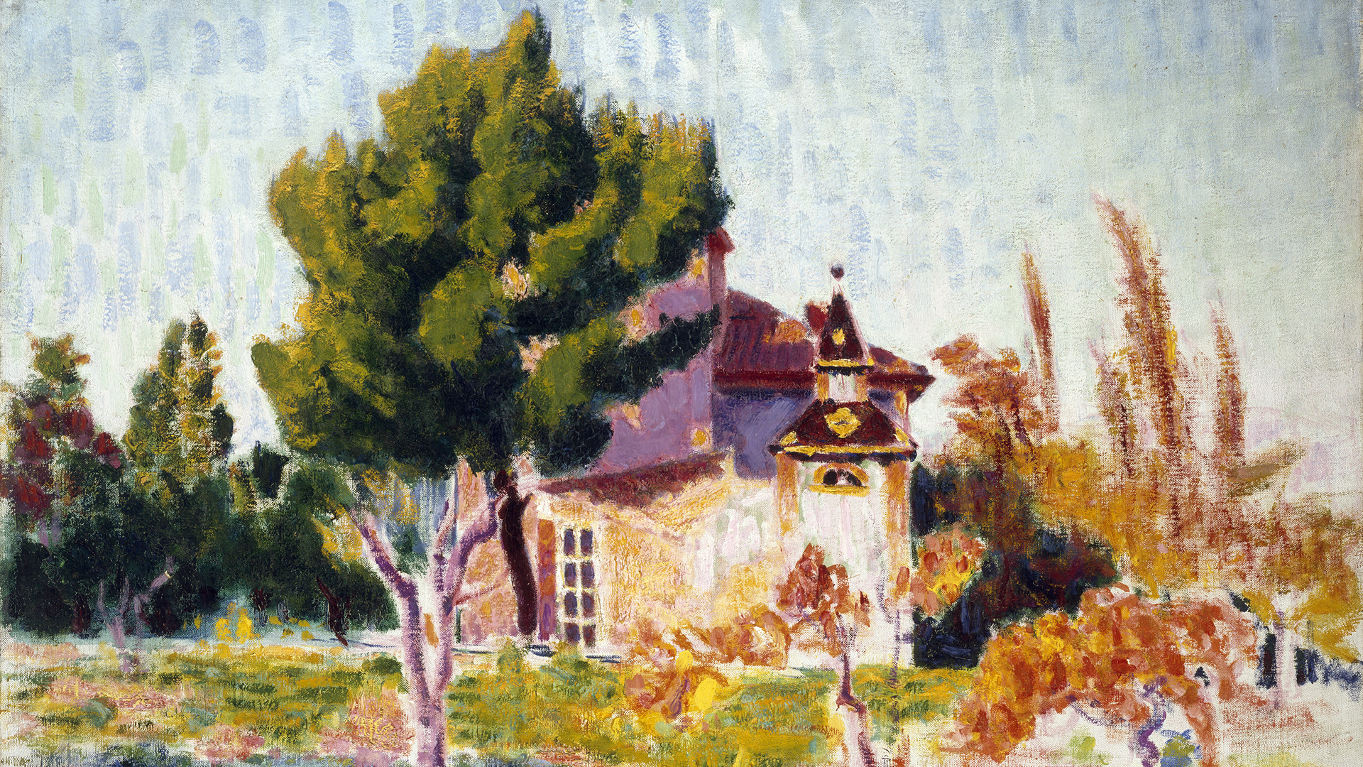 Expressionistic colourful painting of a building in the countryside