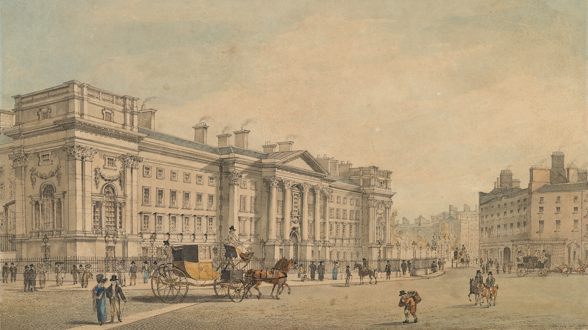 View of the facade of Trinity College Dublin with people and horses and carriages passing through College Green