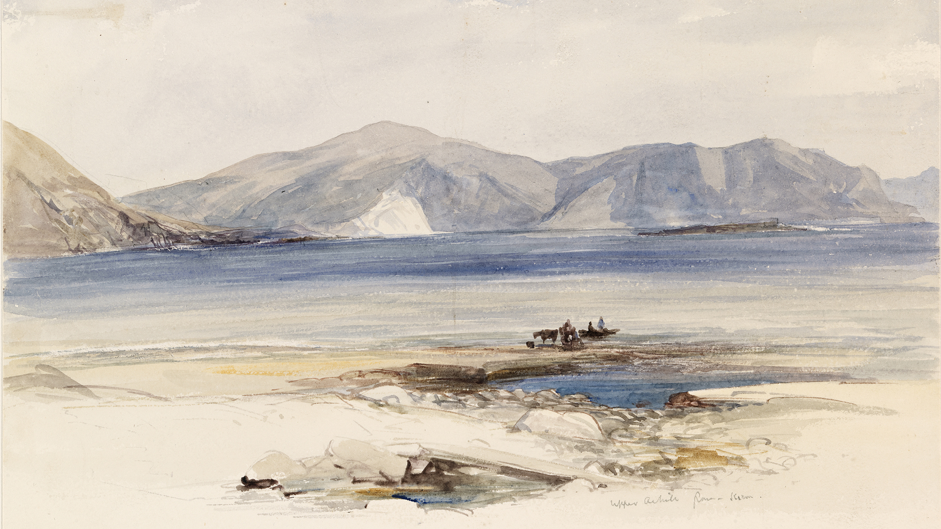 Atmospheric watercolour of a beach with mountains in distance