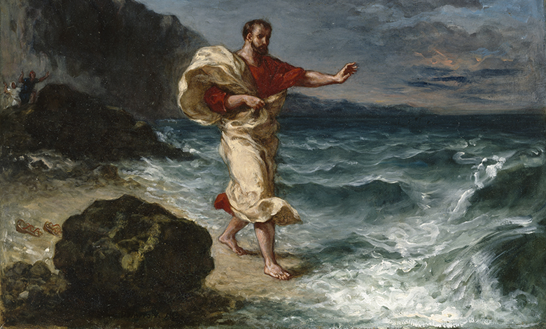 A painting showing a bearded man walking along a shoreline.