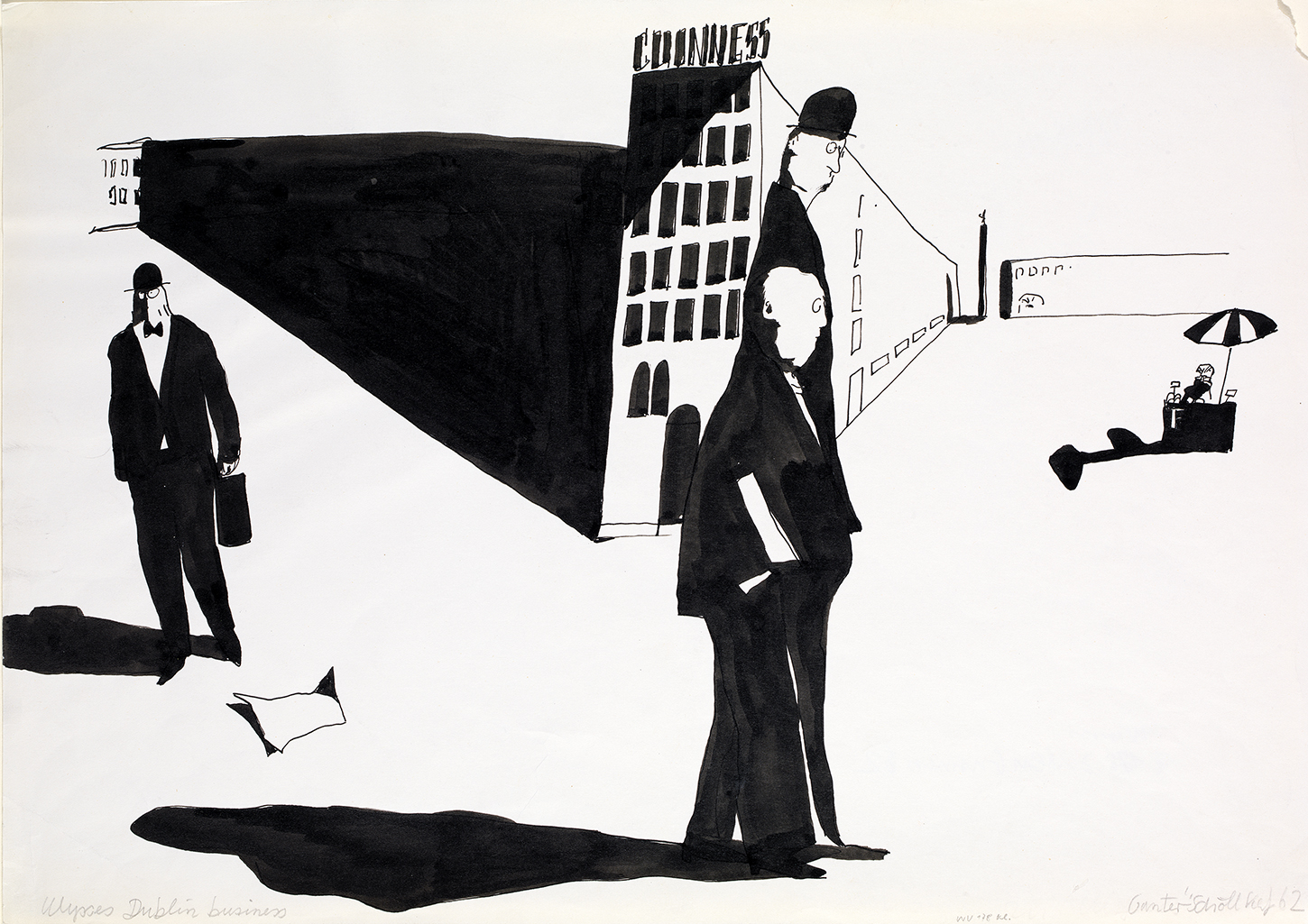 Minimalist pen and ink drawing of three business men walking past the Guinness factory in Dublin