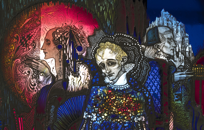 Stained glass panel in jewel tones with three figures