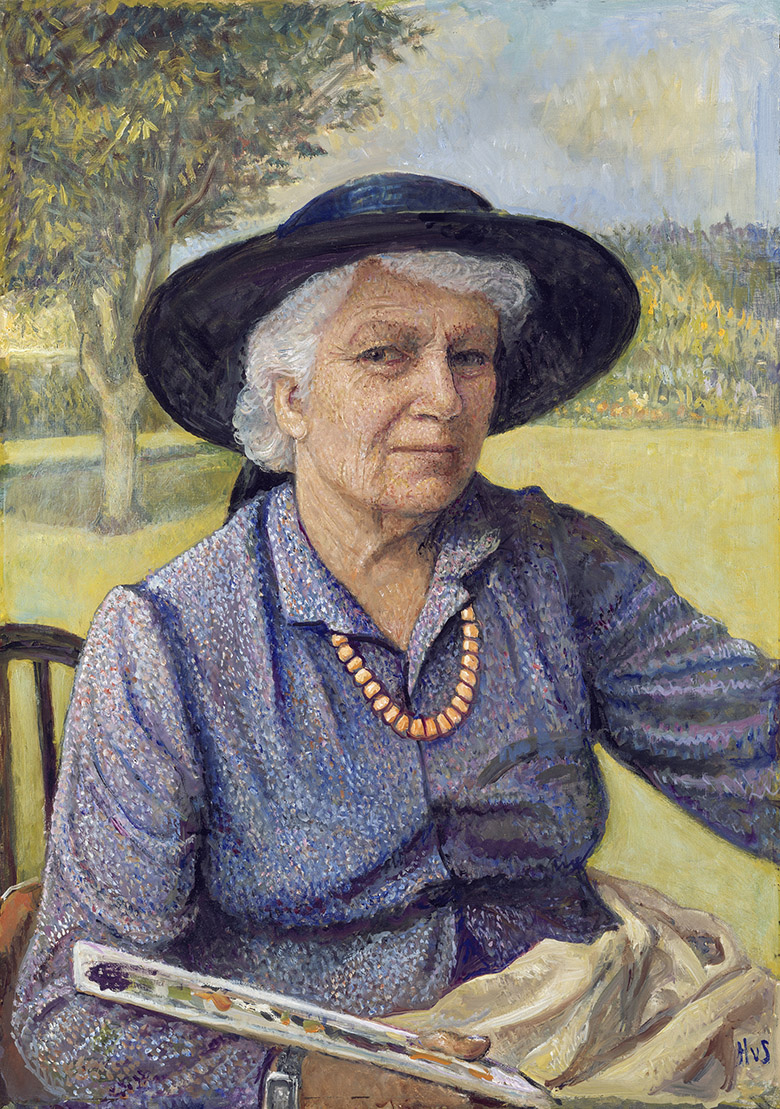 A painted self-portrait of a grey-haired woman, dressed in a purple dress and black broad-brimmed hat, seated outdoors and holding a palette.