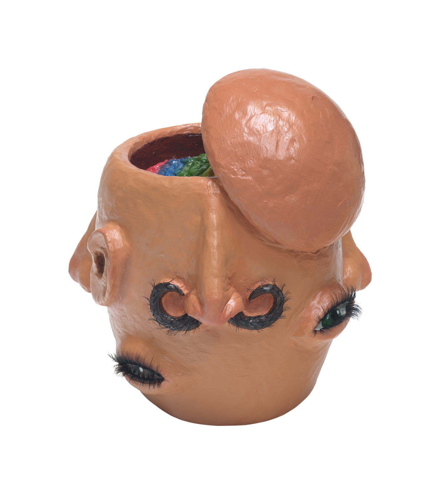 Head sculpted in clay with various facial features all around and top of skull open to reveal rainbow-coloured brain.