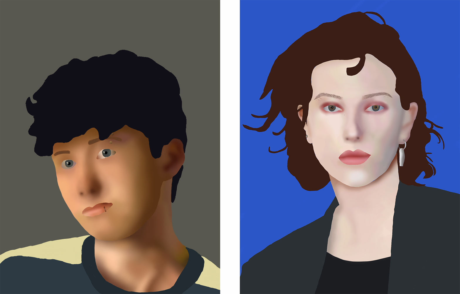 Two digital drawings, one a portrait of Miles McKenna and one of King Princess