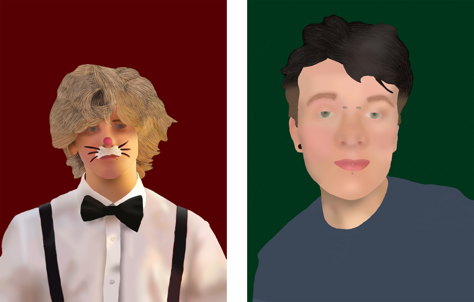 Two digital drawings, one a portrait of Noah Adams and the other of Kovu Kingsrød