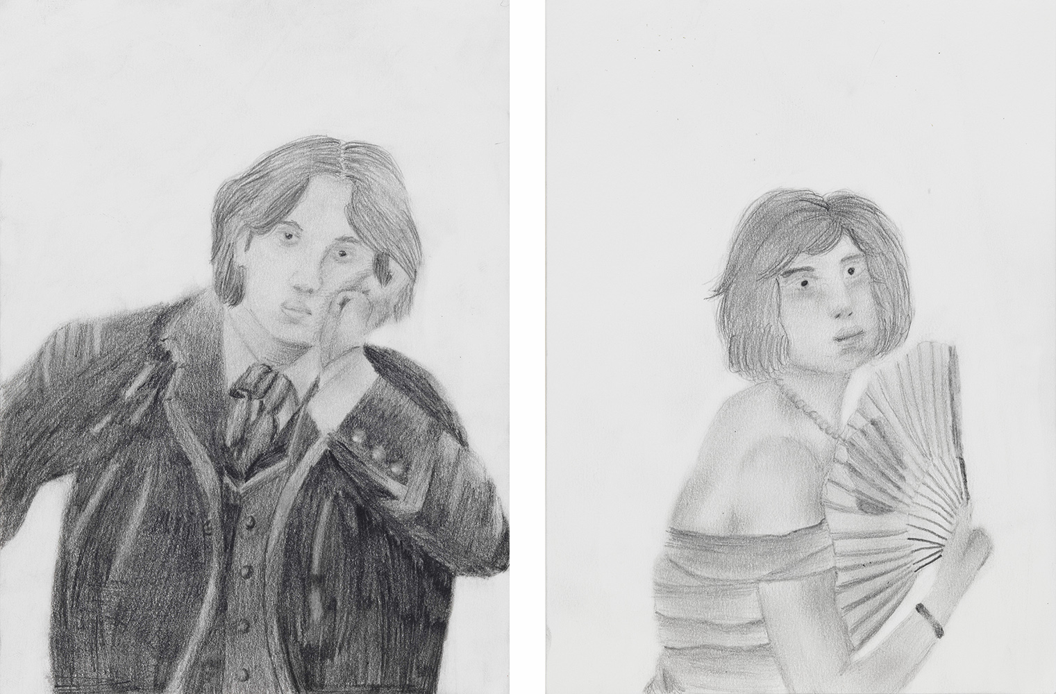 Two pencil drawings, one of Oscar Wilde and one of Lili Elbe