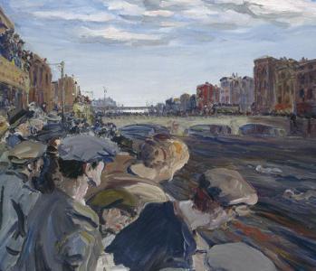 Oil painting of spectators crowding along the quays of the River Liffey watching a swimming race
