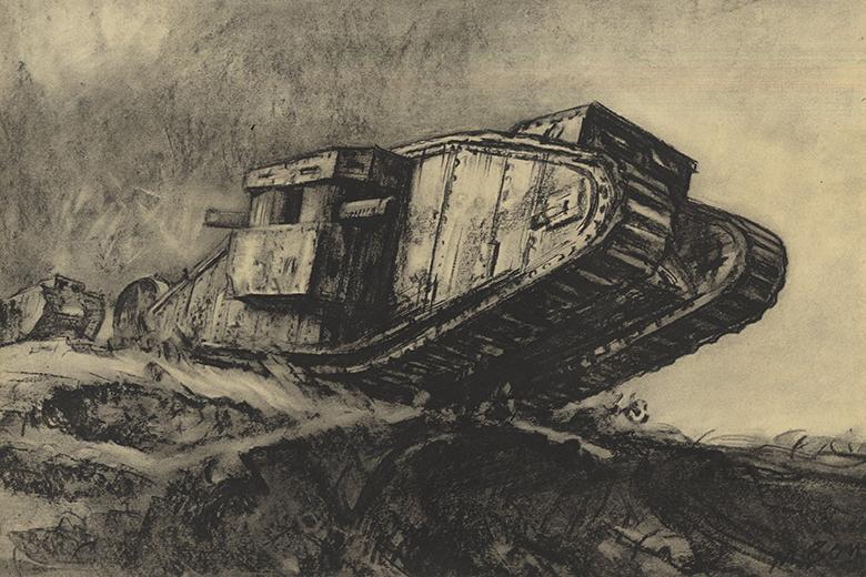 A drawing of a WWI tank by Muirhead Bone, reproduced in the 1917 book 'War drawings from the collection presented to the British Museum by His Majesty's Government ', 1917.