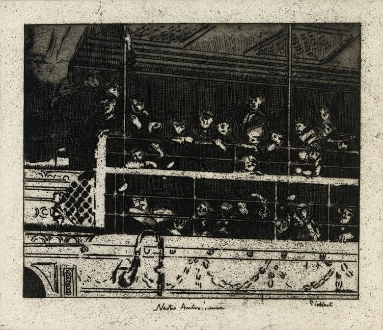 Black and white etching of people in the gallery of a theatre looking down.