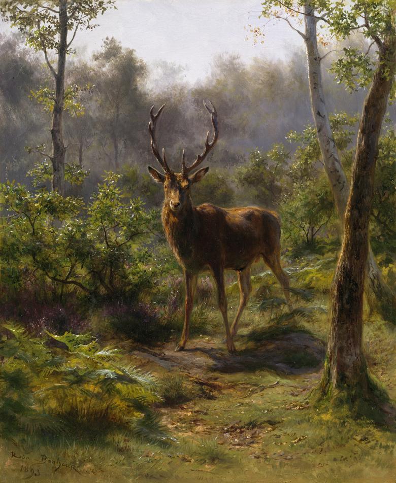 Oil painting of a stag in a forest