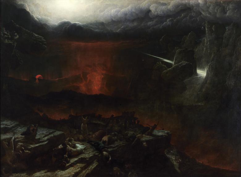 Dramatic oil painting of an apocalyptic landscape with lightening striking and lava flowing