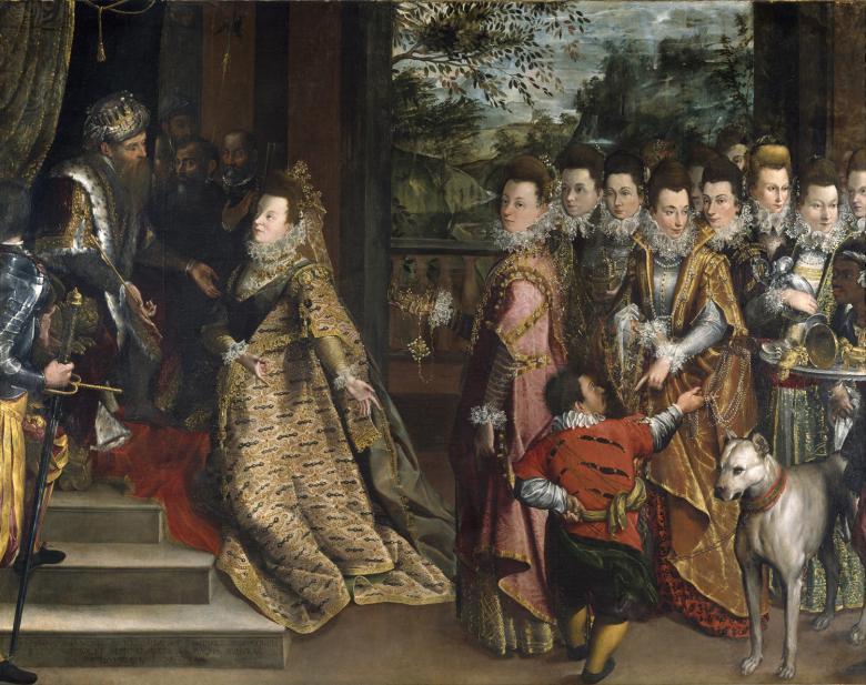 Painting of King Solomon seated on throne and greeting the Queen of Sheba who is accompanied by ladies-in-waiting, a maid, a dog and a little person.