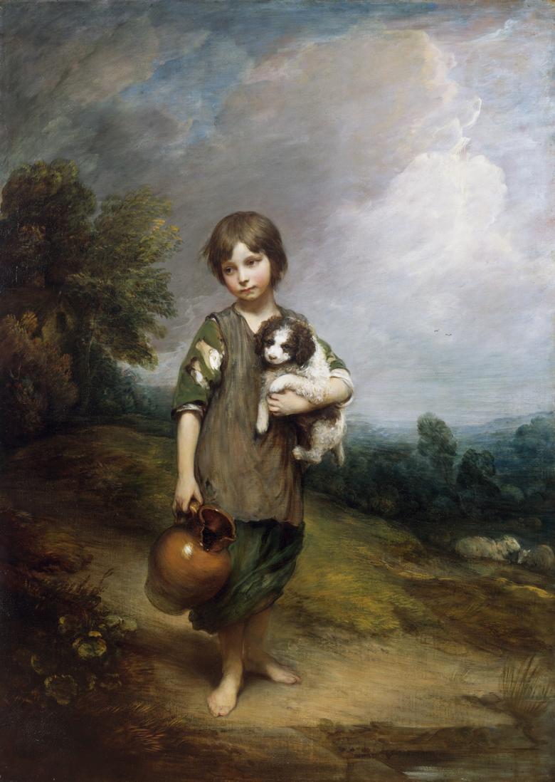 Full length portrait of child in landscape wearing ragged clothes and holding a puppy and a jug
