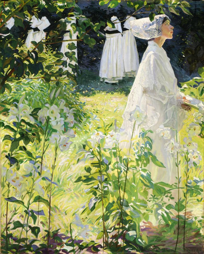 A woman dressed in a flowing white habit with a white veil walks past lilies in a leafy, sun-drenched convent garden.